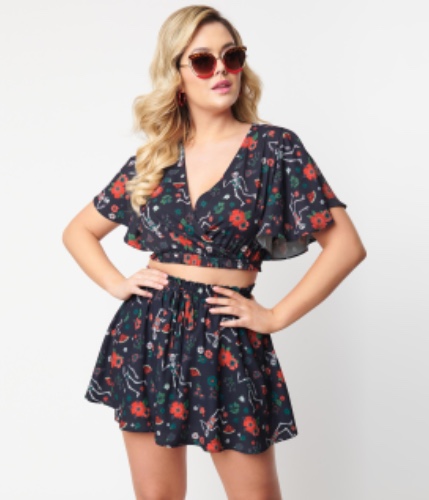 Unique Vintage Black Tropical Skeleton Daryl Skort | XL/14