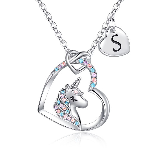Unicorns Gifts for Girls, 14K Gold/White Gold/Rose Gold Plated Colorful CZ Heart Pendant Unicorn Necklaces for Girls Women Letter Initial Unicorn Necklace Jewelry Unicorn Gifts for Girls Women - S Silver