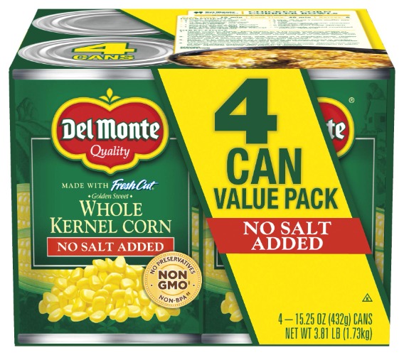 Del Monte Fresh Cut Golden Sweet Whole Kernel Corn With No Added Salt 4-15.25 Oz. Can, 15.25 Oz - 15.25 Ounce (Pack of 4)