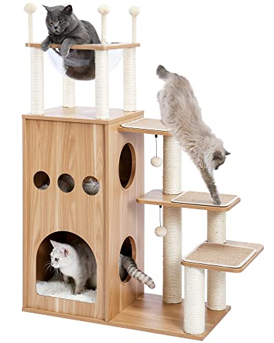 Made4Pets Modern Cat Tree for Large Cat, Wood Cat Tower Heavy Duty with Scratch Post for Indoor Big Cats, 51" Extra Tall Cat Condo Sturdy Frisco Castle with Clear Bowl for Kittens Maine Coon 20Lbs - 51.2in