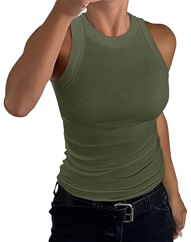 GEMBERA Womens Sleeveless Racerback High Neck Casual Basic Cotton Ribbed Fitted Tank Top - Medium - Olivegreen