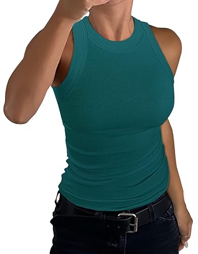 GEMBERA Womens Sleeveless Racerback High Neck Casual Basic Cotton Ribbed Fitted Tank Top - Medium - Teal