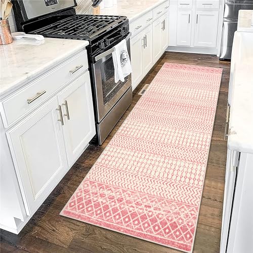 Nailttos Boho Pink Runner Rug 2x6, Ultra Soft Non-Slip Hallway Runner Rug, Low-Pile Machine Washable Bedroom Rug Carpet Runner for Entryway Kitchen Bathroom Laundry Room Farmhouse - 2'x6' - Pink
