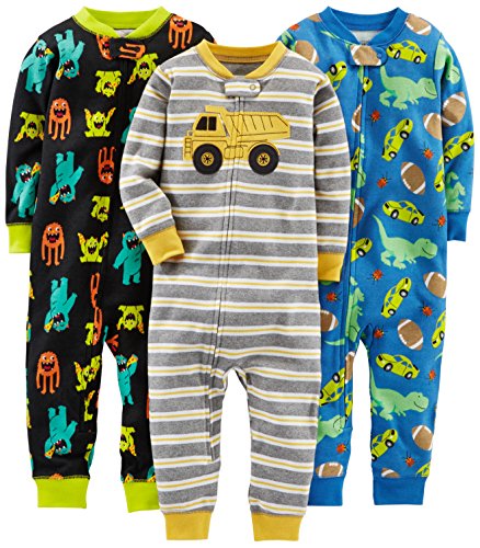 Simple Joys by Carter's Baby Boys' 3-Pack Snug Fit Footless Cotton Pajamas - 2T - Black Monster/Blue Dinosaur/Grey Stripe