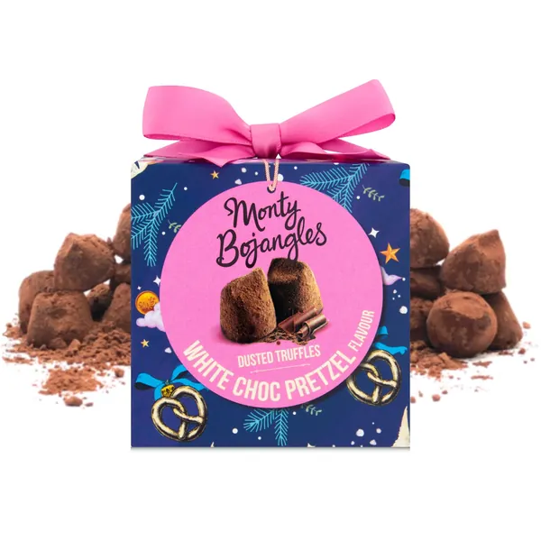 Monty Bojangles White Choc Pretzel Cocoa Dusted Truffles Christmas Gift | Chocolate Truffles in Gift Box, 100g