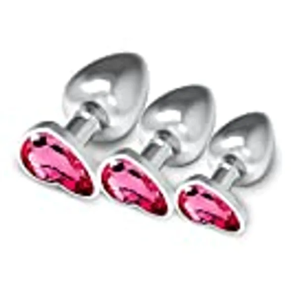 3Pcs Set Anal Butt Plug, Metal Butt Toys Heart Shaped Anal Trainer Fetish Stainless Steel Anal Training Kit SM Adult Gay Anal Plugs Woman Men for Beginners Couples Large/Medium/Small (Rose red)