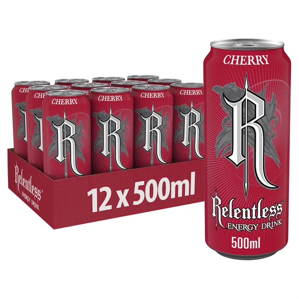 Relentless Cherry Energy Drink, 500 ml, Pack of 12