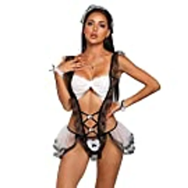 ROSVAJFY Women Sexy Maid Costume Sheer French Lace Outfit Servant Cosplay Lingerie Set Fancy Dress Cute Mini Skirt Babydoll Nightwear for Female Halloween Valentine Roleplay Suit