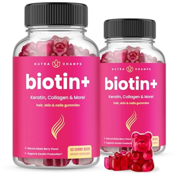 Hair Skin & Nails Gummies | Biotin with Collagen & Keratin | 5000mcg Biotin Beauty Complex | Vitamin Supplement | Berry | 120 Count for Women & Men | Healthy Hair, Radiant Skin & Strong Nails (2 Pack)