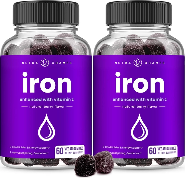 NutraChamps (2-Pack) Iron Gummies for Adults & Kids | 20mg Iron Supplement Gummies with Vitamin C | Blood Builder & Energy Support for Iron Deficiency & Anemia | 120 Vegan Iron Vitamin Chewables