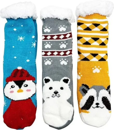 Fluffy Thermal Sherpa Slipper Socks, 3 Pairs for Women, Ultra Soft Christmas Winter Non Skid / Animals