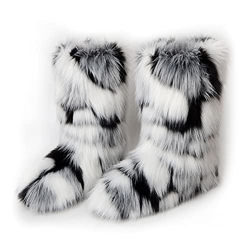 ZOSCGJMY Faux Fur Boots for Women Fuzzy Fluffy Furry Round Toe Suede Winter Snow Boots Flat Shoes - 12 - Multicolor-10