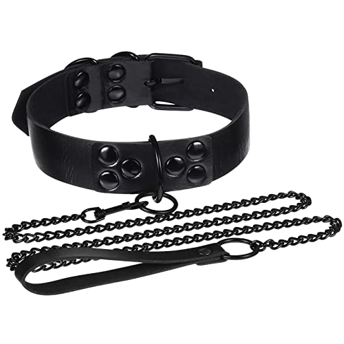 Auidy_6TXD PU Leather Punk Choker, Sexy Goth Choker Belts Harness with Leash, Adjustable Black Collar with with Pulling Chain