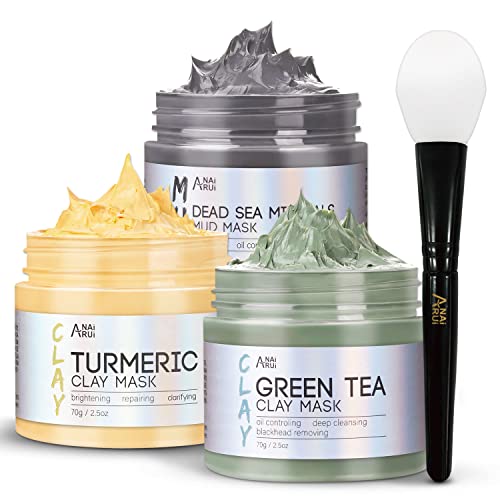 ANAI RUI Turmeric Clay Mask - Green Tea and Dead Sea Minerals, Spa Facial Mask Set for Pore Treatment/Smooth/Clarify, Indoor Use, 2.5 oz each - Orange