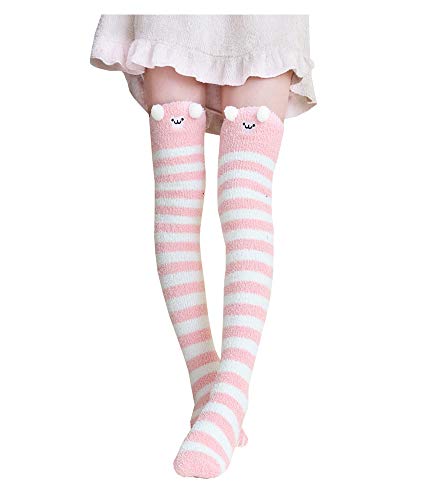 Bopstyle Christmas Soft Warm Socks Coral Velvet Knee High Stockings for Girls Gift - One Size - Light Pink