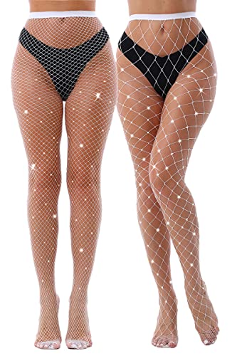 VEBZIN 2 Pack Sparkly Large And Medium Mesh Fishnet Tights For Women Sexy Glitter Rhinestone Fishnets Stockings - One Size - White