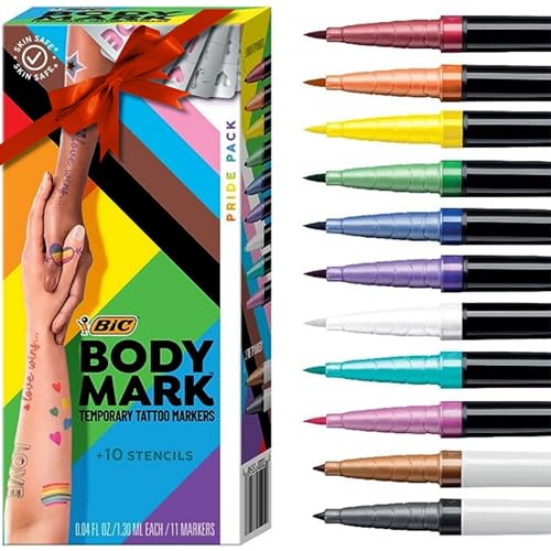 BIC BodyMark Temporary Tattoo Markers for Skin, Pride Pack, Flexible Brush Tip, 11-Count Pack of Assorted Colors, Skin-Safe*, Cosmetic Quality