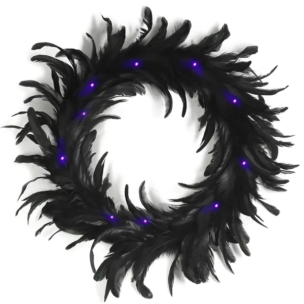 Ogrmar 15.7 Inch Halloween Feather Wreath Full Black Cocktail Feathers Wreath with 30 LED Purple Light for Halloween Spooky Scene Party Favors,Halloween Decoration Props,Trick of Treat - 