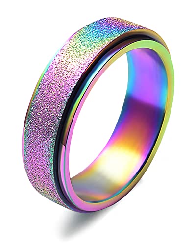 LAOYOU Spinner Ring for Women Anxiety Relief - 6MM Stainless Steel Sand Blast Glitter Rose Gold Silver Rainbow Mens Fidget Ring Band Set Mother's Day Birthday Gifts For Mom Daughter Girlfriend Girls - 1pc Rainbow Color - 7