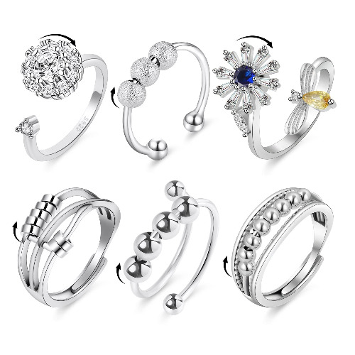 6PCS Anti Anxiety Fidget Ring for Women, Open Adjustable Ring, CZ Cubic Zirconia Diamond Rings, Rotatable Bead Rings, Bee Daisy Rings Set for Women Girls Stress Relief - 