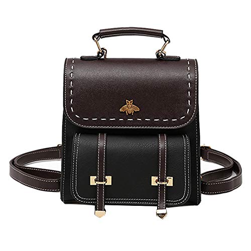 KOOIJNKO Women Small Fashion Backpack, Retro Mini Daypack Casual Satchel Purse Contrast Color Design, Black - Black