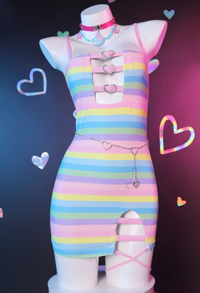 Rainbow Sexy Lingerie Set Kawaii Chest Open Sexy Mini Bodycon Dress with Waist Chain Gloves Choker Clubwear