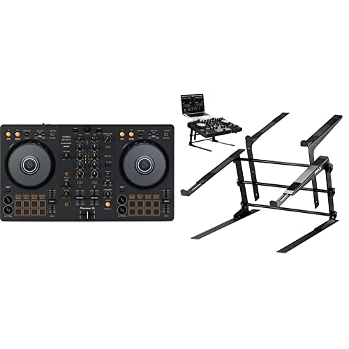 Pioneer DJ DDJ-FLX4 2-deck Rekordbox and Serato DJ Controller + Pyle Portable Dual Laptop Stand - DJ Controller + Laptop Stand + Prongs