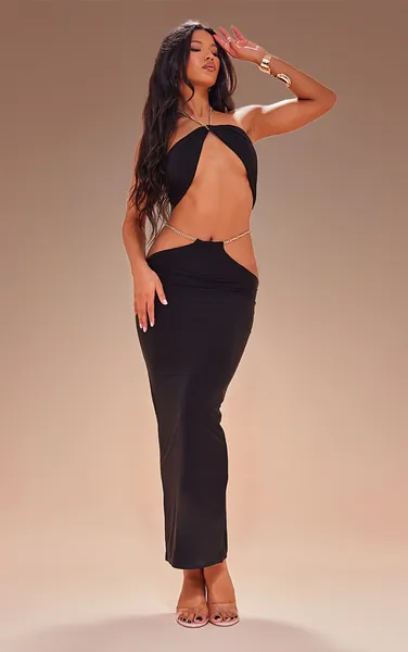 Premium Black Double Layer Slinky Chain Midaxi Skirt