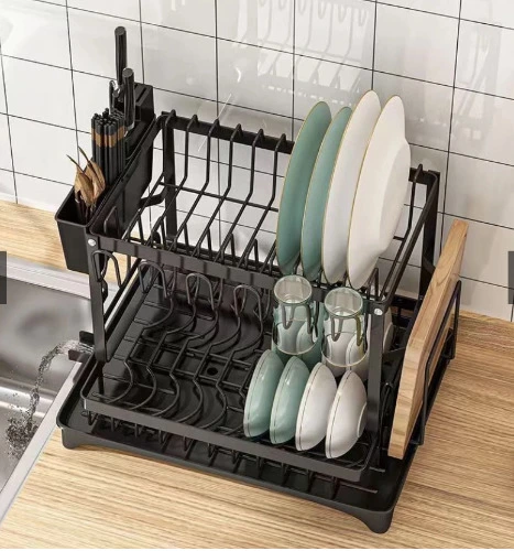 Escorredor de Louça Rack Preto e Branco 2 Andares Com Bandeja Coletora Grande ES