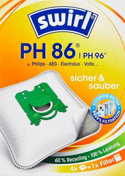 Swirl PH 86 / PH 96 MicroPor Plus Staubsaugerbeutel für Philips, AEG, Electrolux und Volta Staubsauger, Anti-Allergen-Filter, Dauerhaft hohe Saugleistung, 4 Stück inkl. 1 Filter