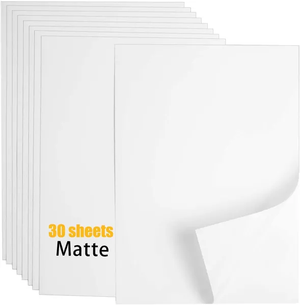 SuiRoYi 30 psc Matte Sticker Paper for Inkjet Printer Printable Vinyl -Matte White,For Cards, Photo & Frame Mats, Cutting, and Craft Projects ,Standard Letter Size 8.5"x11" - matte-30psc