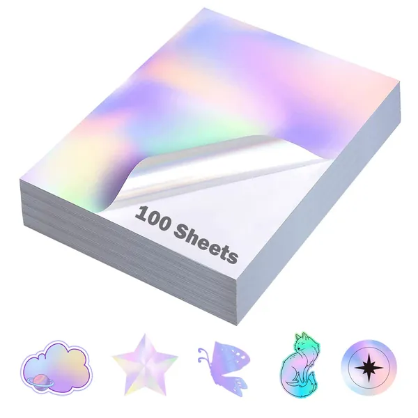 QiXin 100 Sheets Holographic Sticker Paper 8.5 x11 inch for Inkjet Printer & Laser Printer US letter size Holographic Printable Vinyl Rainbow Sticker Printer Paper Adhesive Waterproof Vinyl - 100 Sheets Holographic Paper