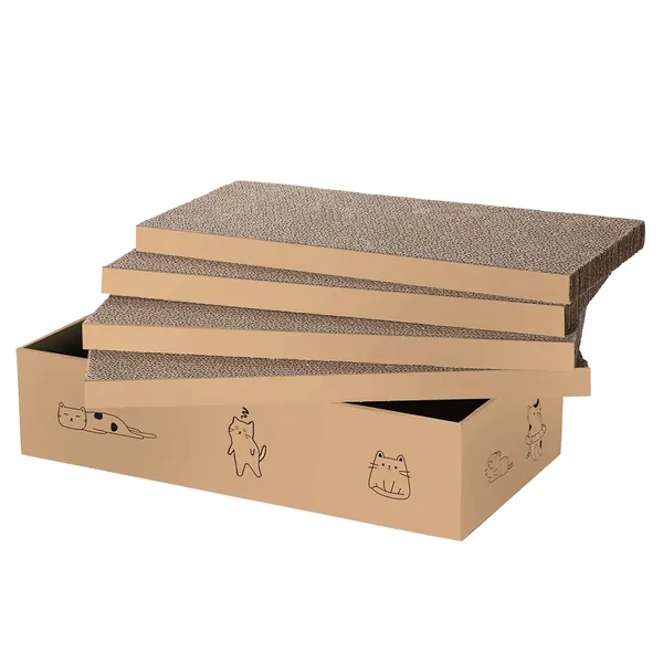 4 Packs in 1 Cat Scratch Pad with Box , Cat Scratcher Cardboard,Reversible,Durable Recyclable Cardboard, Suitable for Cats to Rest, Grind Claws and Play with Scratch Box - 