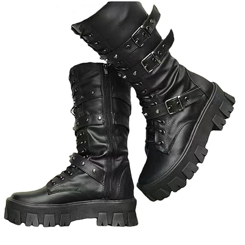 ZKXYFFS Womens Goth Ankle Booties Chunky High Heel Mid Calf Boots Side Zip Combat Boots Lace Up Punk Rivet Boots Motorcycle Platform Boots for Women - 8 - Black
