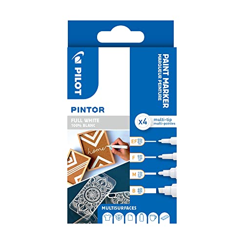PILOT - Pintor, Set of 4 Creative Multi-Surface Water-Based Permanent Markers - Quick Dry - For Fabrics, Glass, Wood, Stone, DIY/Amateur Artists - Extra Fine, Fine, Medium and Broad Tips - White - 1 count (Pack of 4) - White - Wallet