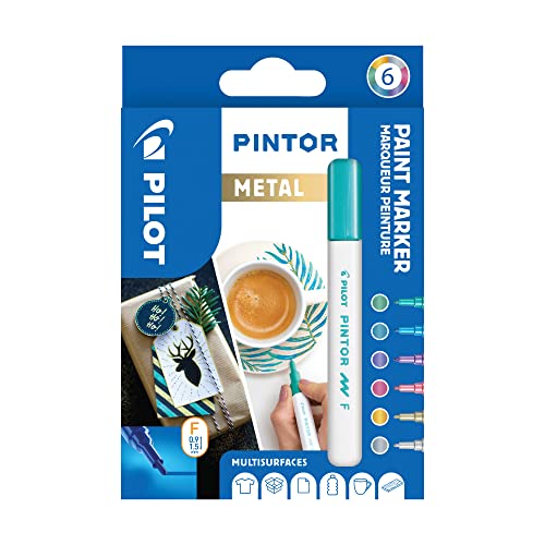 Pilot - Pintor, Wallet of 6 Creative Multi-Surface Water-Based Permanent Markers - Quick Dry - For Fabrics, Glass, Wood, Stone, DIY/Amateur Artists - Fine Tip - Assorted Metallic Colors - 1 count (Pack of 6) - Metallic - Wallet