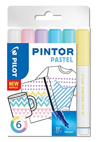 PILOT - Pintor, Pastel Mix, Wallet of 6 Creative Multi-Surface Water-Based Permanent Markers - Quick Dry - For Fabrics, Glass, Wood, Stone, DIY/Amateur Artists - Fine Tip - Assorted Pastel Colors - Extra Fine - Pastels - Wallet