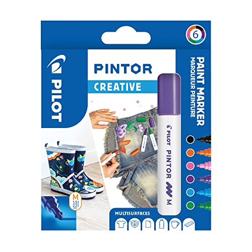 Pilot - Pintor, Wallet of 6 Creative Multi-Surface Water-Based Permanent Markers - Quick Dry - For Fabrics, Glass, Wood, Stone, DIY/Amateur Artists - Medium Tip - Assorted Creative Colors - Medium - Fun Colours - Wallet