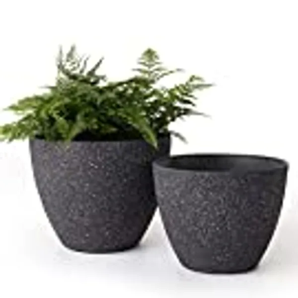 LA JOLIE MUSE Flower Pots Outdoor Garden Planters, Indoor Plant Pots W/Drainage Holes, Speckled Black (8.6 + 7.5 Inch)