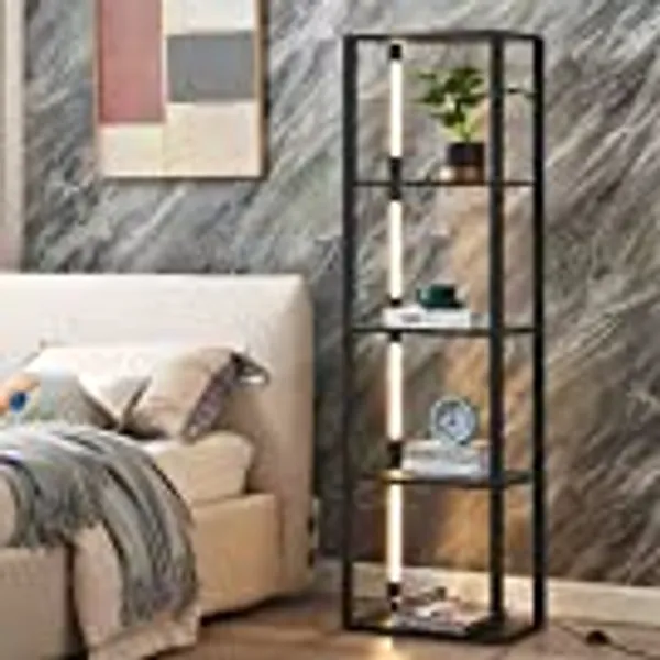 FENLO Fancy Plus 64" Display Shelf with Dimmable LED Floor Lamps, Sturdy Display Cabinet with Shelves for Bedroom, Open Bookshelf Display Case with Corner Curio Cabinet, 3 Brightness Levels, Black