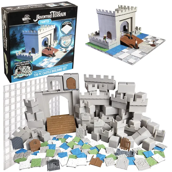 Monster Adventure Terrain- 128pc Painted Castle Expansion Set with Baseplate- Fully Modular and Stackable 3-D Tabletop World Builder Compatible with DND Dungeons Dragons, Pathfinder, and All RPG Game - 