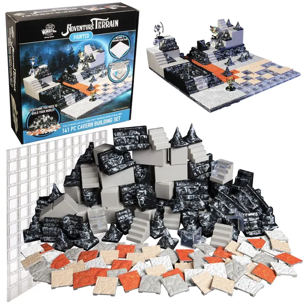 Monster Adventure Terrain - 141pc Painted Cavern Expansion Set w Baseplate - Fully Modular and Stackable 3-D Tabletop World Builder Compatible with DND Dungeons Dragons, Pathfinder, and All RPG Games - 
