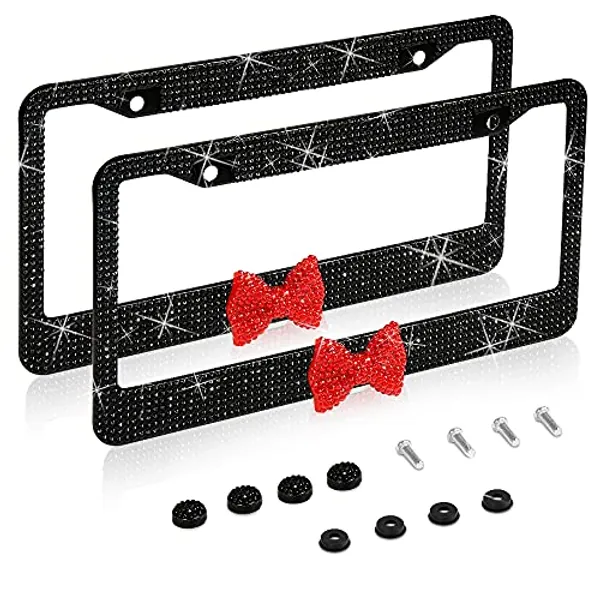 2 Pack Bling License Plate Frame，Handcrafted Bling Rhinestone Premium Stainless Steel License Plate Frame，14 Facets Clear Color Rhinestone Crystal (Black&Red-Bow)