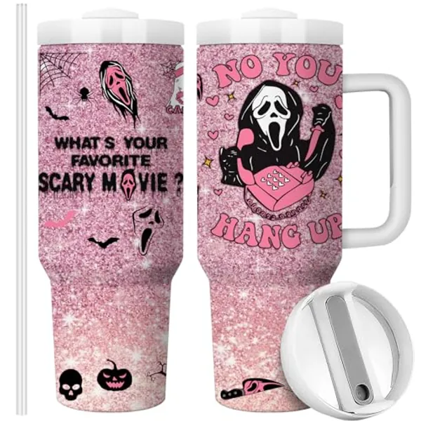 Equoza Tumbler with Lid and Straw | Travel Coffee Mug | Halloween Decoration Horror Gift | 40oz Double Wall Vacuun Insulated Cup (Pink Ghosts)