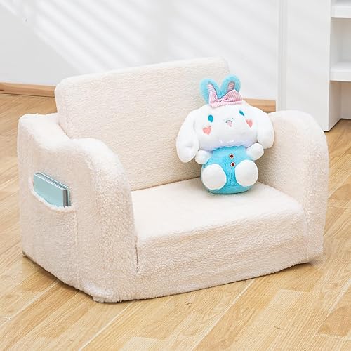 Toddler Baby Chair Couch Sofa Kids Foldable 2-in-1 Sherpa Fold Out Couch Bed Toddler Chairs Comfy for Boys & Girls Convertible Kids Furniture Sofa to Lounger for Playroom with Double Pockets, Pink - Light Pink