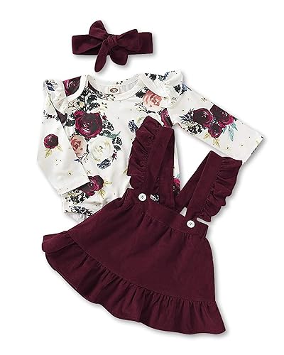 Kucnuzki Newborn Baby Girl Clothes Toddler Long Sleeve Ruffle Romper Top Infant Skirt Set Little Girl Overall Dress - 12-18 Months - Maroon
