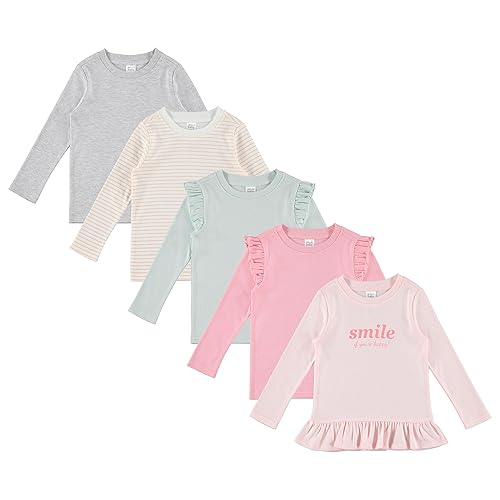 Cudlie 5-Pack Infant/Toddler Girl Long Sleeve Shirt - Basic Baby Tees, Blouses, Tops - Solid Print & Ruffled Tshirts - 18 Months - Heather Light Grey, White Striped, Light Green, Pink, Light Pink Smile