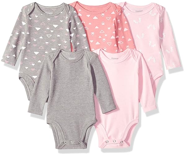 Hanes Baby and Toddler Ultimate Flexy Long Sleeve Bodysuit (5 Pack) - 12-18 Months - Pink Shapes