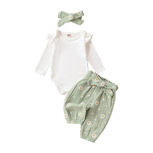 Kaipiclos Newborn Infant Girl Clothes Rib Knit Romper Daisy Print Pants Headband Baby Clothes for Girls 0 3 6 12 18 24 Months - 12-18 Months - Daisy Green
