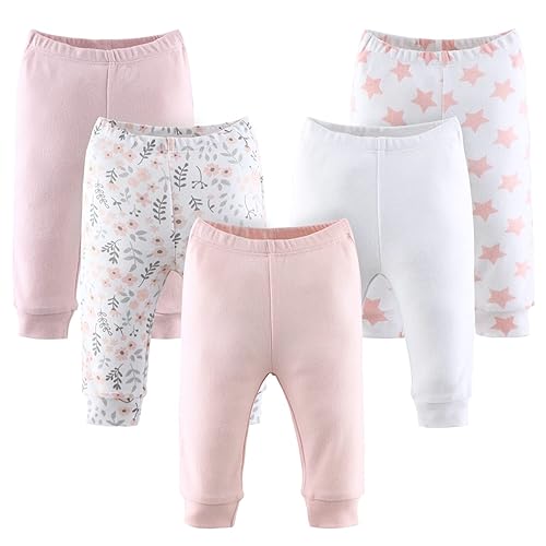 The Peanutshell Baby Girl Pants Set | 5 Pack in Newborn to 24 Month Sizes | Floral, Pink, White, Stars - 18 Months - Pink